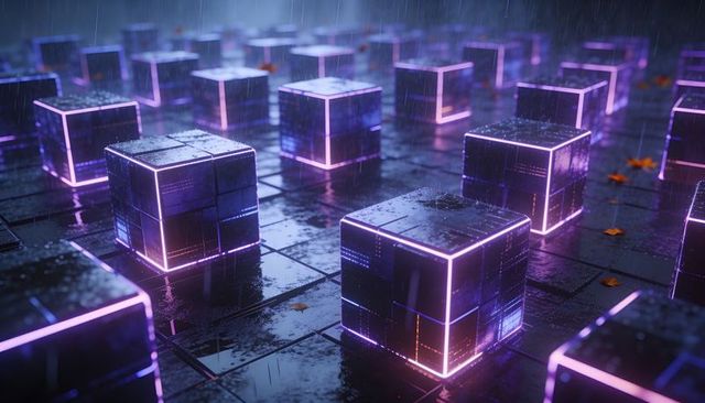 Neon-outlined metallic cubes on wet tiled grid under rainfall in cyberpunk nightscape