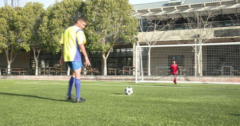Soccer player preparing kick while goalkeeper positioned at goal