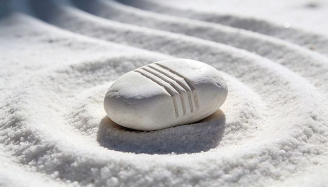 Zen pebble resting on raked white sand with five grooves and concentric ripples
