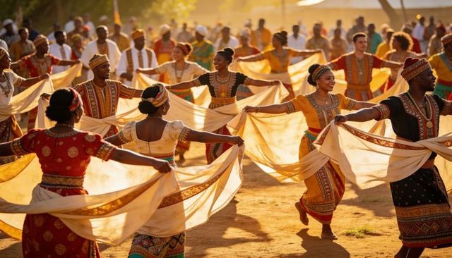 Dancers celebrating cultural heritage in sunlit outdoor festival wearing colorful shawls