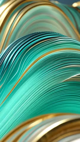 Rippling Teal Ribbons Revealing Gold Accents | Vertical Abstract Wave Motion Video