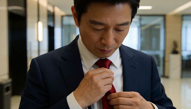 Adjusting red silk tie in navy suit Executive preparing for meeting in corporate lobby