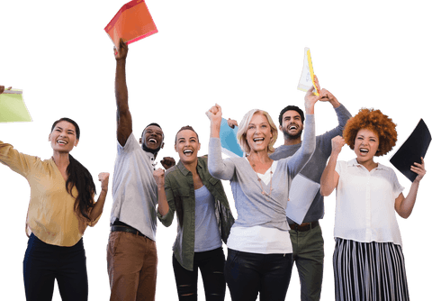 Diverse business team celebrating with transparent background