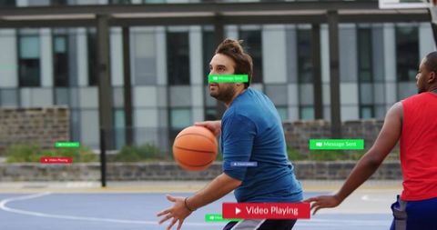 Urban pickup basketball dribbling, defending and passing on outdoor court with hud action