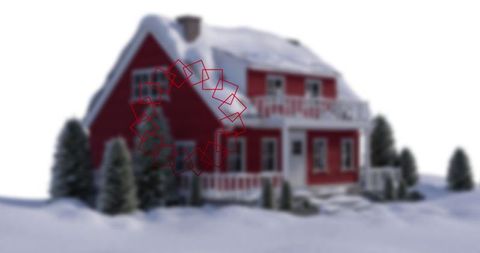 Red Cottage in Snowy Landscape with Evergreen Trees