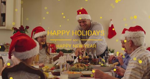 Family Dinner Celebration with Christmas Santa Hats and Holiday Greeting - Download Free Stock Images Pikwizard.com