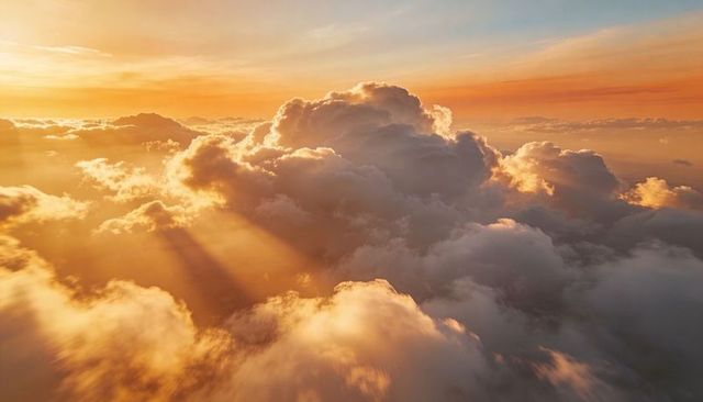 Glowing Cumulus Clouds Bathing in Golden Sunrise with Dramatic Crepuscular Sunbeams