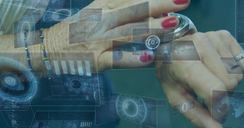 Senior Woman Interacting with Futuristic Smartwatch Interface