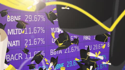 Graduation Caps Flying over Stock Market Ticker