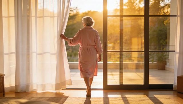 Senior woman stepping into golden morning light through glass doors, wearing pink bathrobe