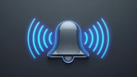 Animated neon notification bell pulsing with radiating blue sound waves and glossy glow