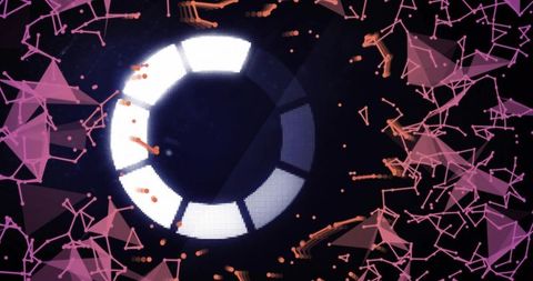 Pulsing segmented hud ring with magenta mesh and orange particles for futuristic tech ui