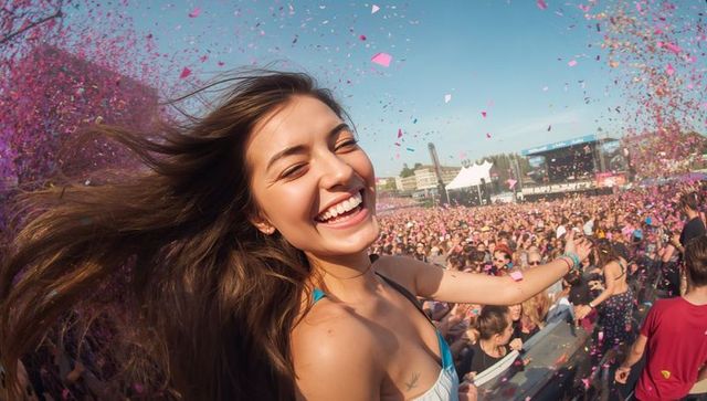 Festival joy: young woman smiling and dancing with confetti at crowded outdoor concert
