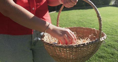 Reaching into wicker basket with red egg on sunlit lawn for spring easter lifestyle