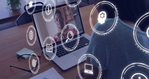 Connecting remotely, collaborating and learning with digital icons over laptop video call