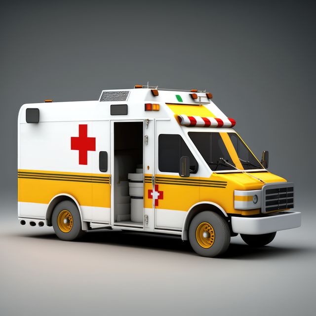 A modern yellow ambulance with an open door, showing the interior. Ideal for illustrating medical and emergency services, healthcare transportation, rescue operations, and providing a realistic representation of an emergency vehicle for educational materials and advertisements.