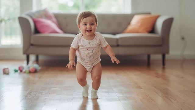 Smiling toddler taking first steps on hardwood floor in bright living room with toys
