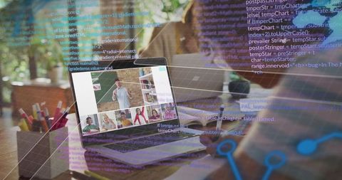 Remote classroom learning on laptop with teacher and students, code overlay, home desk