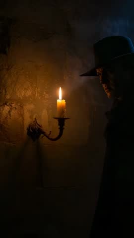 Man wearing fedora pausing at candlelit sconce while peering into dark stone corridor