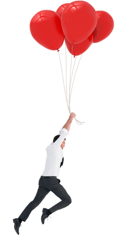 Businessman ascending with red balloons on transparent background