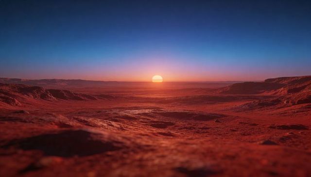 Martian sunset over red rocky plain featuring shallow craters and distant plateaus
