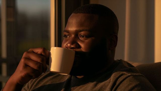 Golden-hour coffee moment: contemplative man sipping white ceramic mug by window light
