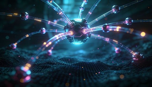 Radiating neon hub connecting satellite nodes over futuristic dotted digital grid