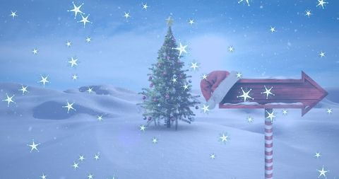 Whimsical Christmas Snowfall Over Festive Tree and Sign