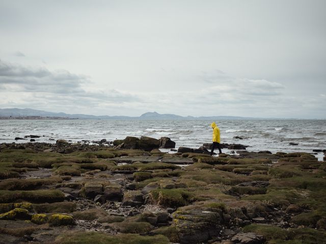 Person in bright yellow raincoat walking along a rocky shoreline on a gloomy, overcast day with the sea and distant mountains in the background. Ideal for themes of solitude, exploration, nature, and outdoor activities. Suitable for articles on coastal landscapes, travel, and adventure experiences.