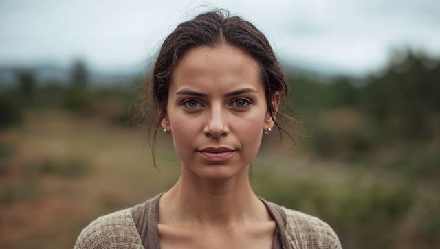 Serene young woman facing camera in meadow natural outdoor headshot with knit cardigan