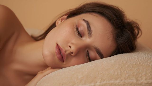 Sleeping woman resting head on textured beige pillow with soft natural light