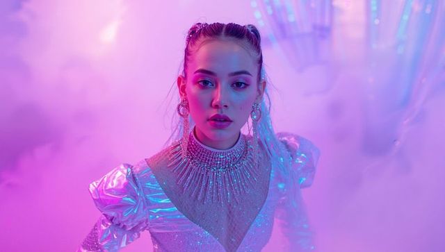 Futuristic Model Posing in Neon-Lit Studio