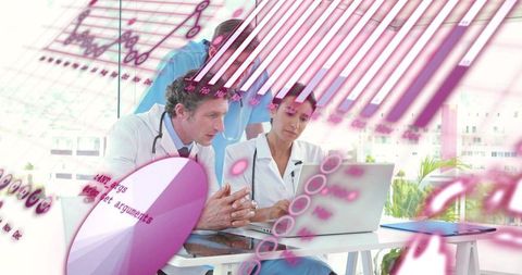 Healthcare team reviewing clinical analytics dashboard with data visualizations overlay