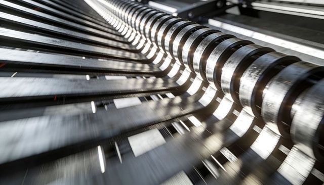 Ribbed industrial roller with cylindrical shaft and parallel metal slats reflecting motion