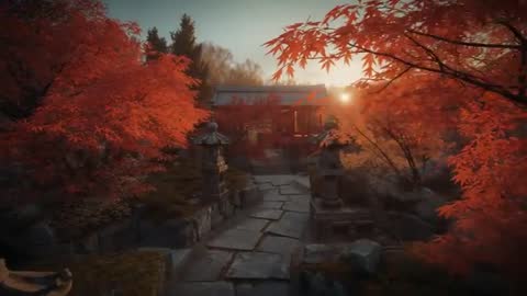 Sunlit Pathway Through Serene Temple Garden in Autumn