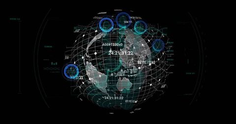 Futuristic 3D Holographic Earth HUD Showing Rotating Wireframe Globe with Network Nodes