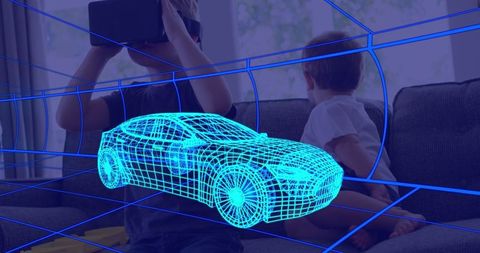 Boy experiencing virtual car design with vr headset at home