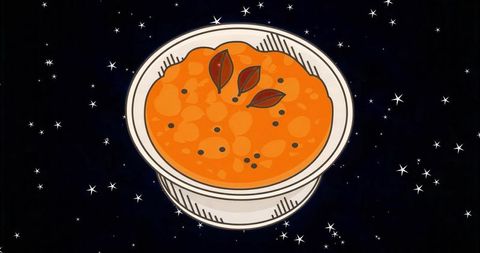 Floating white ceramic bowl holding vibrant orange soup against starry cosmic backdrop