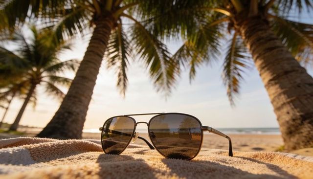 Aviator sunglasses resting on towel at tropical beach with palm reflection and golden hour glow
