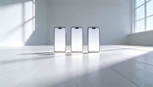 Minimalist sunlit smartphone trio standing on pale floor showing blank screens for mockups