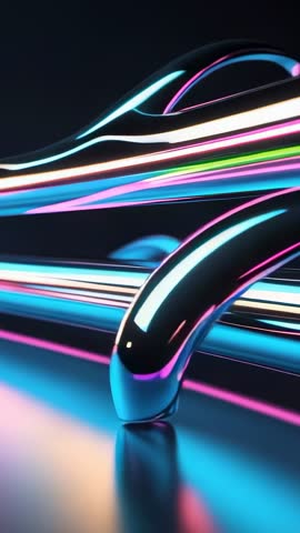 Gliding chrome arch reflecting neon streaks on glossy surface, futuristic vertical loop