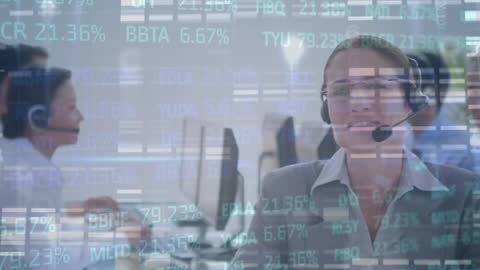 Business Professionals with Headsets Analyzing Financial Data Overlay