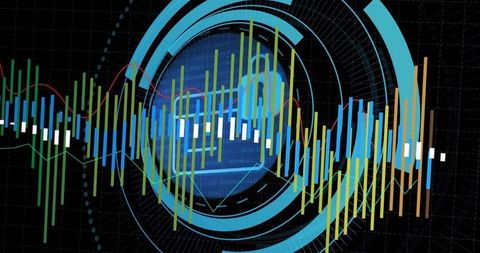 Futuristic finance HUD displaying radial data rings, candlestick charts and global analytics overlay