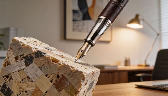 Leather-wrapped fountain pen hovering over textured mosaic cube on warm wooden desk