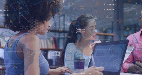 Diverse Professionals Collaborating with Global Digital Overlay