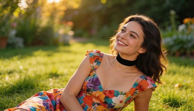 Young woman reclining on sunlit lawn in floral dress with black choker, smiling