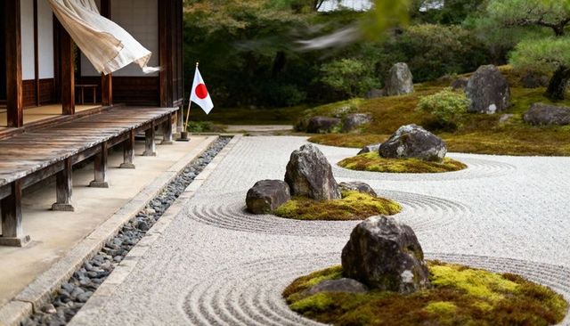 Zen rock garden with mossy stone islands, raked gravel and japanese flag by engawa