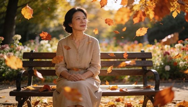 Sunlit autumn portrait asian senior woman sitting on park bench gazing upward