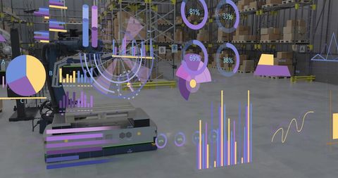 Futuristic Warehouse Automation with Data Analytics Overlay