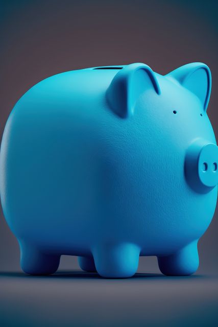 Image of blue piggy bank on gray background, created using generative ai technology. Piggy bank and finances concept, digitally generated image.